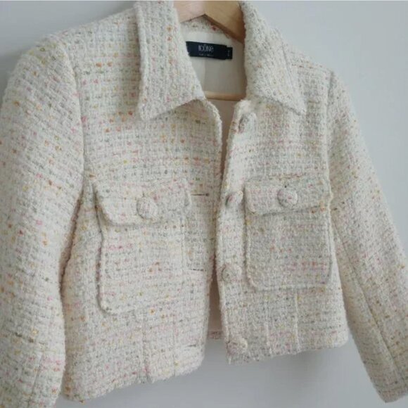 Simons short cropped wool blend tweed jacket ivory cream pink orange Sma… - Picture 1 of 15